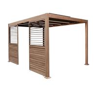 Metal Pergola 4m x 3m Wood Effect With LED Lights & 2 Side Panels Tilting Canopy Roof Aluminium Outdoor Garden Gazebo Sun Shelter Patio UV Protection Weather Resistant Tools & Ground Bolts Included