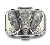 Metal Pill Box Hand Drawn Elephant 2 Compartments Waterproof with Mirror for Purse Bag Daily Medicine Vitamin Holder Portable Travel Medicine Container (Square)