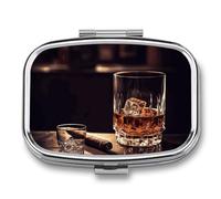 Metal Pill Box with Mirror - 2 Compartment Travel Pill Case for Purse Portable Pillbox Compact Vitamin Container Whisky and Cigar Medicine Organizer for Fish Oil & Supplement