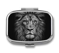 Metal Pill Box with Mirror - 2 Compartment Travel Pill Case for Purse Portable Pillbox Compact Vitamin Container Black and White Lion Head Medicine Organizer for Fish Oil & Supplement