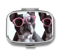 Metal Pill Box with Mirror - 2 Compartment Travel Pill Case for Purse Portable Pillbox Compact Vitamin Container French Bulldog Glasses Medicine Organizer for Fish Oil & Supplement