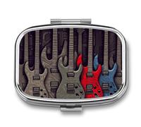 Metal Pill Box with Mirror - 2 Compartment Travel Pill Case for Purse Portable Pillbox Compact Vitamin Container Guitar Pattern Medicine Organizer for Fish Oil & Supplement