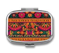 Metal Pill Box with Mirror - 2 Compartment Travel Pill Case for Purse Portable Pillbox Compact Vitamin Container Mexican Folk Art Boho Medicine Organizer for Fish Oil & Supplement
