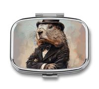 Metal Pill Box with Mirror - 2 Compartment Travel Pill Case for Purse Portable Pillbox Compact Vitamin Container A Charming Prairie Dog Medicine Organizer for Fish Oil & Supplement