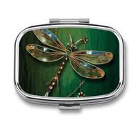 Metal Pill Box with Mirror - 2 Compartment Travel Pill Case for Purse Portable Pillbox Compact Vitamin Container Jewel Dragonfly Medicine Organizer for Fish Oil & Supplement