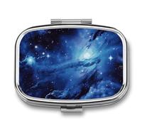 Metal Pill Box with Mirror - 2 Compartment Travel Pill Case for Purse Portable Pillbox Compact Vitamin Container Blue Universe Space Galaxy Medicine Organizer for Fish Oil & Supplement