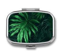 Metal Pill Box with Mirror - 2 Compartment Travel Pill Case for Purse Portable Pillbox Compact Vitamin Container Green Tropical Jungle Plant Medicine Organizer for Fish Oil & Supplement