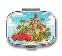 Metal Pill Box with Mirror - 2 Compartment Travel Pill Case for Purse Portable Pillbox Compact Vitamin Container Island of Cuba Medicine Organizer for Fish Oil & Supplement