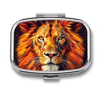 Metal Pill Box with Mirror - 2 Compartment Travel Pill Case for Purse Portable Pillbox Compact Vitamin Container Yellow Lion Head Medicine Organizer for Fish Oil & Supplement