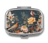 Metal Pill Box with Mirror - 2 Compartment Travel Pill Case for Purse Portable Pillbox Compact Vitamin Container Flowers Birds Medicine Organizer for Fish Oil & Supplement