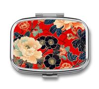 Metal Pill Box with Mirror - 2 Compartment Travel Pill Case for Purse Portable Pillbox Compact Vitamin Container Deep Red Flower Pictures Medicine Organizer for Fish Oil & Supplement