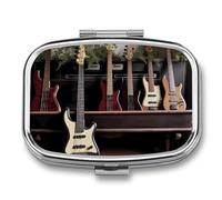 Metal Pill Box with Mirror - 2 Compartment Travel Pill Case for Purse Portable Pillbox Compact Vitamin Container Guitar Bass Music Musical Instruments Medicine Organizer for Fish Oil & Supplement