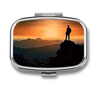 Metal Pill Box with Mirror - 2 Compartment Travel Pill Case for Purse Portable Pillbox Compact Vitamin Container Stand on Top of Mountain Medicine Organizer for Fish Oil & Supplement
