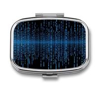 Metal Pill Box with Mirror - 2 Compartment Travel Pill Case for Purse Portable Pillbox Compact Vitamin Container The Blue Binary Matrix Medicine Organizer for Fish Oil & Supplement