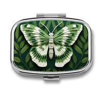 Metal Pill Box with Mirror - 2 Compartment Travel Pill Case for Purse Portable Pillbox Compact Vitamin Container White Moth Medicine Organizer for Fish Oil & Supplement