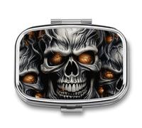 Metal Pill Box with Mirror - 2 Compartment Travel Pill Case for Purse Portable Pillbox Compact Vitamin Container Cool Evil Skull Medicine Organizer for Fish Oil & Supplement