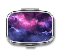 Metal Pill Box with Mirror - 2 Compartment Travel Pill Case for Purse Portable Pillbox Compact Vitamin Container Magic Galaxy Sky Purple Medicine Organizer for Fish Oil & Supplement