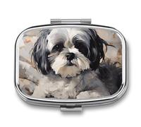 Metal Pill Box with Mirror - 2 Compartment Travel Pill Case for Purse Portable Pillbox Compact Vitamin Container Shih Tzu Medicine Organizer for Fish Oil & Supplement