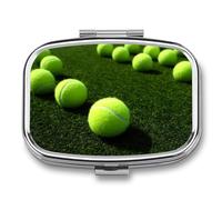 Metal Pill Box with Mirror - 2 Compartment Travel Pill Case for Purse Portable Pillbox Compact Vitamin Container Tennis Balls on Tennis Grass Court Medicine Organizer for Fish Oil & Supplement