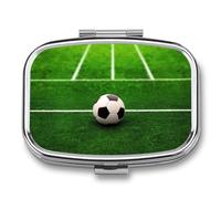 Metal Pill Box with Mirror - 2 Compartment Travel Pill Case for Purse Portable Pillbox Compact Vitamin Container Green Grass Field Soccer Playground The Ball Medicine Organizer for Fish Oil & Suppleme