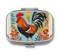Metal Pill Box with Mirror - 2 Compartment Travel Pill Case for Purse Portable Pillbox Compact Vitamin Container Rooster and Chicken Print Medicine Organizer for Fish Oil & Supplement