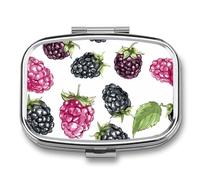 Metal Pill Box with Mirror - 2 Compartment Travel Pill Case for Purse Portable Pillbox Compact Vitamin Container BlackBerry Fruit Pattern Medicine Organizer for Fish Oil & Supplement