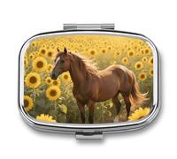 Metal Pill Box with Mirror - 2 Compartment Travel Pill Case for Purse Portable Pillbox Compact Vitamin Container Horse Sunflower Medicine Organizer for Fish Oil & Supplement