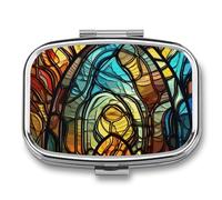 Metal Pill Box with Mirror - 2 Compartment Travel Pill Case for Purse Portable Pillbox Compact Vitamin Container Stained Glass Art Medicine Organizer for Fish Oil & Supplement