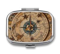Metal Pill Box with Mirror - 2 Compartment Travel Pill Case for Purse Portable Pillbox Compact Vitamin Container Compass and Old World Map Medicine Organizer for Fish Oil & Supplement