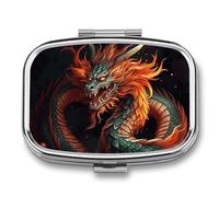 Metal Pill Box with Mirror - 2 Compartment Travel Pill Case for Purse Portable Pillbox Compact Vitamin Container Chinese Dragon Medicine Organizer for Fish Oil & Supplement