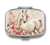 Metal Pill Box with Mirror - 2 Compartment Travel Pill Case for Purse Portable Pillbox Compact Vitamin Container Horse Image Medicine Organizer for Fish Oil & Supplement