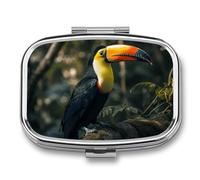 Metal Pill Box with Mirror - 2 Compartment Travel Pill Case for Purse Portable Pillbox Compact Vitamin Container Colorful Toucan Medicine Organizer for Fish Oil & Supplement