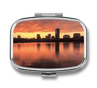 Metal Pill Box with Mirror - 2 Compartment Travel Pill Case for Purse Portable Pillbox Compact Vitamin Container Boston Charles River City Skyline Sunset Medicine Organizer for Fish Oil & Supplement