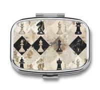 Metal Pill Box with Mirror - 2 Compartment Travel Pill Case for Purse Portable Pillbox Compact Vitamin Container Chess Piece Brown Pattern Medicine Organizer for Fish Oil & Supplement