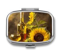 Metal Pill Box with Mirror - 2 Compartment Travel Pill Case for Purse Portable Pillbox Compact Vitamin Container Wine with Yellow Sunflower Medicine Organizer for Fish Oil & Supplement
