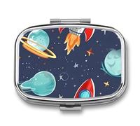 Metal Pill Box with Mirror - 2 Compartment Travel Pill Case for Purse Portable Pillbox Compact Vitamin Container Rocket Clipart Space Ship Medicine Organizer for Fish Oil & Supplement