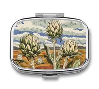 Metal Pill Box with Mirror - 2 Compartment Travel Pill Case for Purse Portable Pillbox Compact Vitamin Container Artichokes in The Field Medicine Organizer for Fish Oil & Supplement