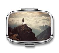 Metal Pill Box with Mirror - 2 Compartment Travel Pill Case for Purse Portable Pillbox Compact Vitamin Container Woman on A Top Mountain Medicine Organizer for Fish Oil & Supplement