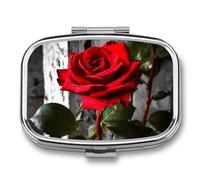 Metal Pill Box with Mirror - 2 Compartment Travel Pill Case for Purse Portable Pillbox Compact Vitamin Container Blooming Red Rose Medicine Organizer for Fish Oil & Supplement
