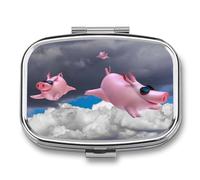 Metal Pill Box with Mirror - 2 Compartment Travel Pill Case for Purse Portable Pillbox Compact Vitamin Container Funny 3D Piggies Medicine Organizer for Fish Oil & Supplement