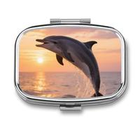 Metal Pill Box with Mirror - 2 Compartment Travel Pill Case for Purse Portable Pillbox Compact Vitamin Container Dolphin Sunset Medicine Organizer for Fish Oil & Supplement
