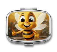 Metal Pill Box with Mirror - 2 Compartment Travel Pill Case for Purse Portable Pillbox Compact Vitamin Container Honey Bee Medicine Organizer for Fish Oil & Supplement