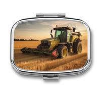 Metal Pill Box with Mirror - 2 Compartment Travel Pill Case for Purse Portable Pillbox Compact Vitamin Container Farm Tractor Harvest Medicine Organizer for Fish Oil & Supplement