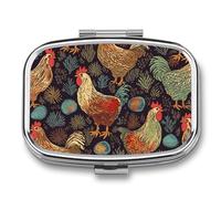 Metal Pill Box with Mirror - 2 Compartment Travel Pill Case for Purse Portable Pillbox Compact Vitamin Container Chicken Print Medicine Organizer for Fish Oil & Supplement