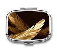 Metal Pill Box with Mirror - 2 Compartment Travel Pill Case for Purse Portable Pillbox Compact Vitamin Container Golden Feathers Medicine Organizer for Fish Oil & Supplement
