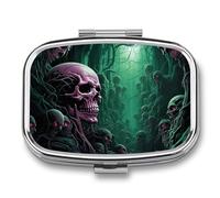 Metal Pill Box with Mirror - 2 Compartment Travel Pill Case for Purse Portable Pillbox Compact Vitamin Container Skull Under Green Light Medicine Organizer for Fish Oil & Supplement