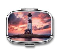 Metal Pill Box with Mirror - 2 Compartment Travel Pill Case for Purse Portable Pillbox Compact Vitamin Container Beauty Lighthouse Medicine Organizer for Fish Oil & Supplement