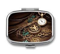 Metal Pill Box with Mirror - 2 Compartment Travel Pill Case for Purse Portable Pillbox Compact Vitamin Container Steampunk Watches Keys and Chains Medicine Organizer for Fish Oil & Supplement