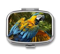 Metal Pill Box with Mirror - 2 Compartment Travel Pill Case for Purse Portable Pillbox Compact Vitamin Container Yellow Wings Blue Parrot Medicine Organizer for Fish Oil & Supplement