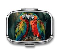 Metal Pill Box with Mirror - 2 Compartment Travel Pill Case for Purse Portable Pillbox Compact Vitamin Container Two Colored Parrots Medicine Organizer for Fish Oil & Supplement